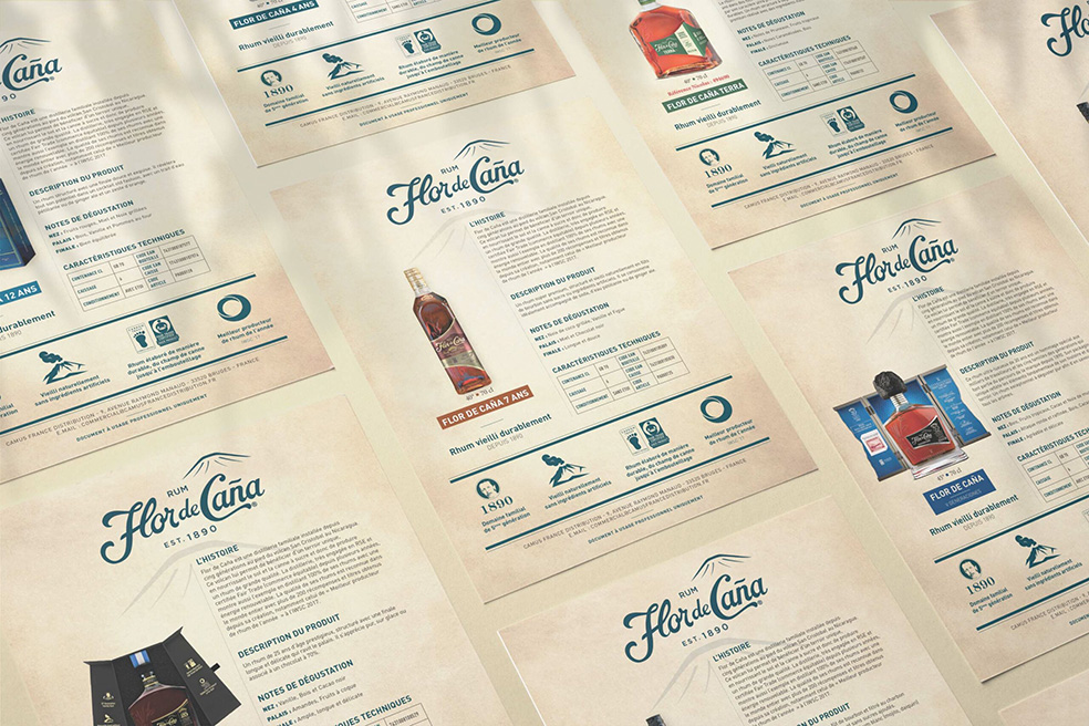 Mockup des fiches flor de cana pour l'agence CAMUS FRANCE DISTRIBUTION.