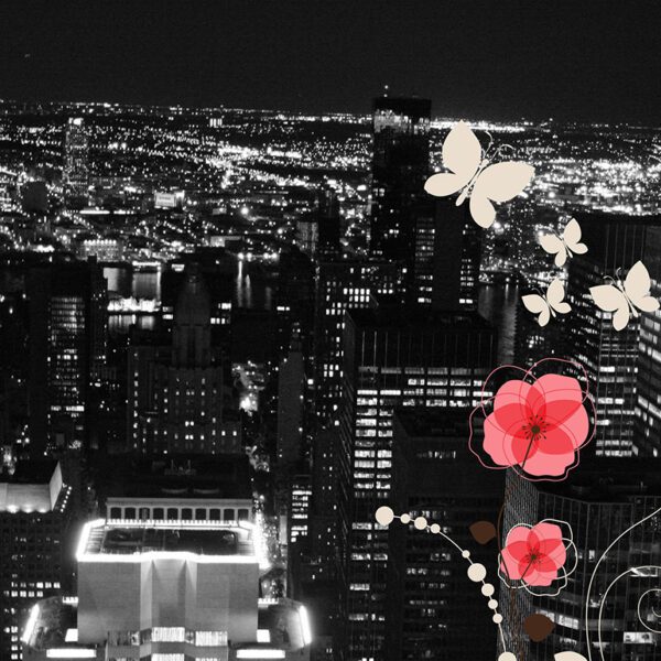 Photographie en noir et blanc de la ville de New York pendant la nuit, prise en haut d'un gratte ciel. On peut voir également des illustrations de coquelicots en couleur en premier plan.