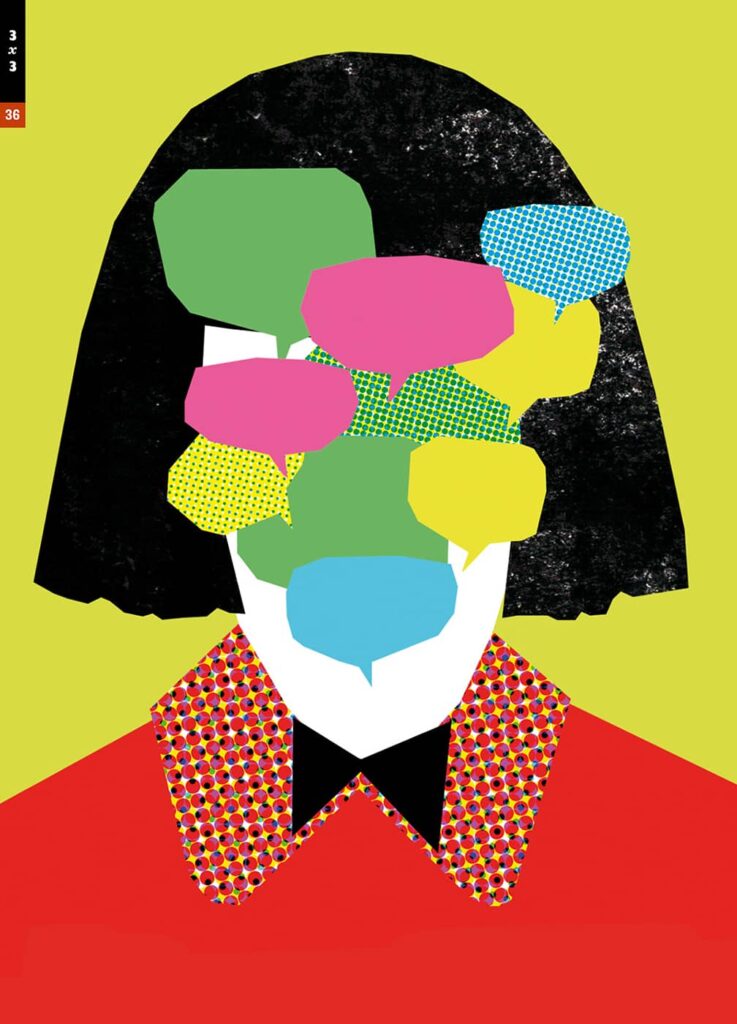 3x3_Issue36_Couverture_dessin d'un portrait avec Jeu d'écriture des bulles_couleur vive