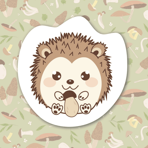 Illustration d'un hérisson qui tient un champignon entre ses pattes.