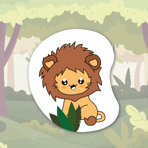 Illustration Kawaii d'un lion caché entre des feuillages dans la jungle.