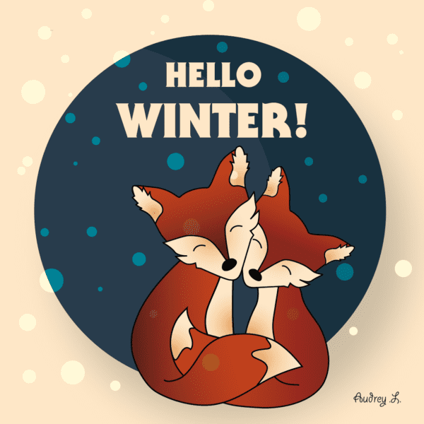 Illustration Kawaii de deux renards roux qui s’enlacent avec leurs queues. Le sujet de l'image est inscrit dans un rond beige et un fond bleu nuit où tombent de la neige. Inscription HELLO WINTER.