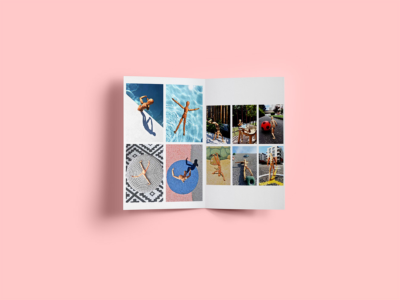 Page intérieure de la brochure "le mouvement dans tous ses états" pour l’association voyager en images. Sur le chapitre "Le pantin" série en photos