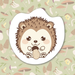 Illustration d'un hérisson qui tient un champignon entre ses pattes.