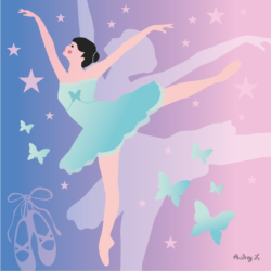 Illustration d'une ballerine qui réalise une pointe sur un pied. Les couleurs sont roses, violettes et bleues. On voit dans le fond son ombre, des papillons et des étoiles.